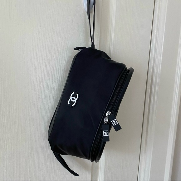 Brand New Chanel Black Nylon Large Makeup Bag/Pouch/Clutch with Wrist Strap - Picture 1 of 15